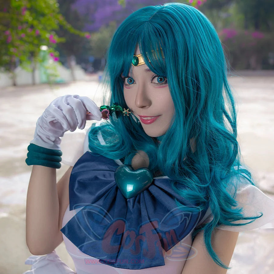 COSFUN Sailor Neptune Kaiou Michiru cosplay wig pairs teal wavy hair with a gold tiara and star choker.
