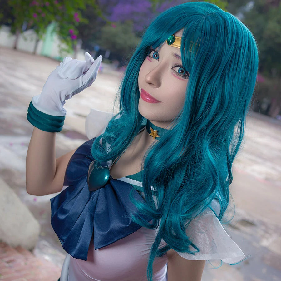 COSFUN Sailor Neptune Kaiou Michiru cosplay wig pairs teal wavy hair with a gold tiara and star choker.