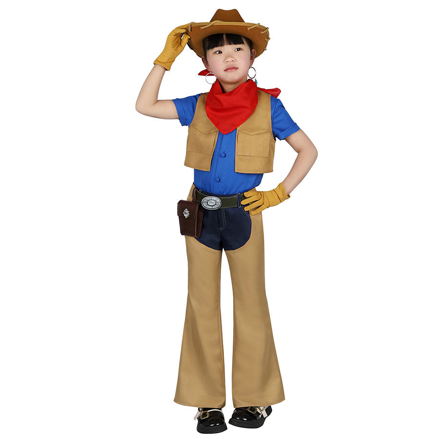 Child in Cowgirl Peach cosplay costume, posing stylishly with hand on hat and hip.