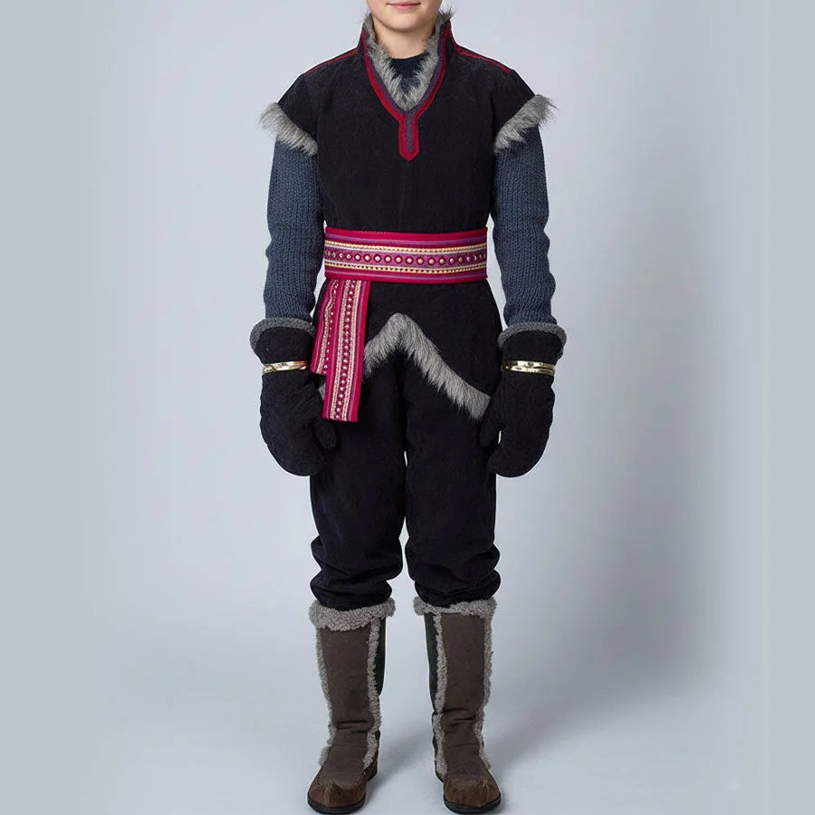 Kid Kristoff cosplay costume: Person wearing a traditional outfit with dark blue top, pants, and brown boots on a light gray background