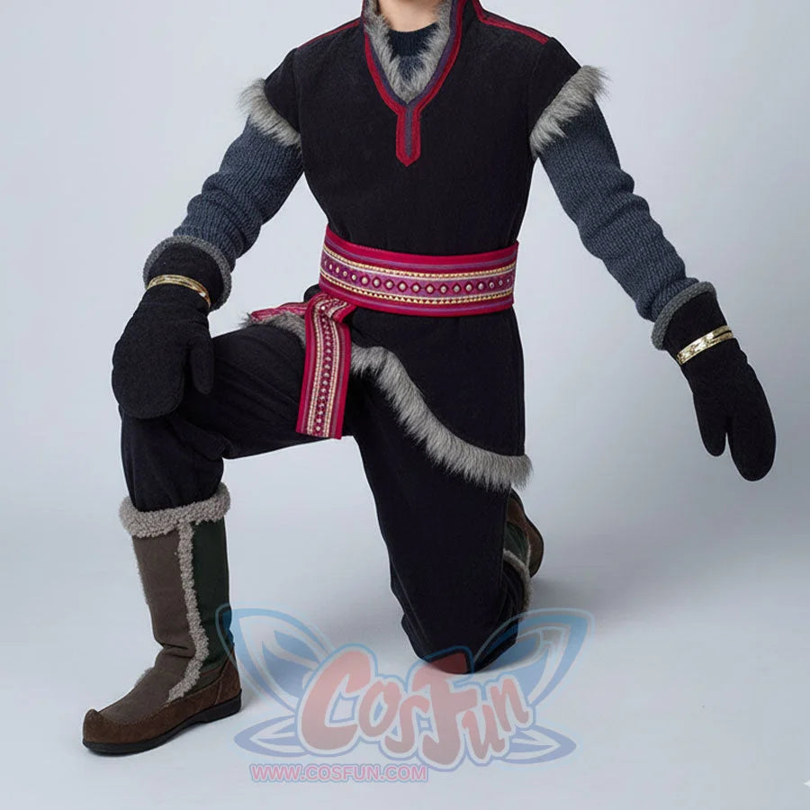 Kid Kristoff cosplay costume: Person wearing a traditional outfit with dark blue top, pants, and brown boots on a light gray background