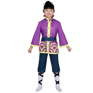 Full - body display of the kid Kung Fu Peach costume, showcasing purple jacket, yellow trim, and blue pants in a standing pose layout.