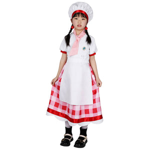 Front - facing display of the Patissiere Peach costume, highlighting the white top, pink scarf, and checkered skirt.