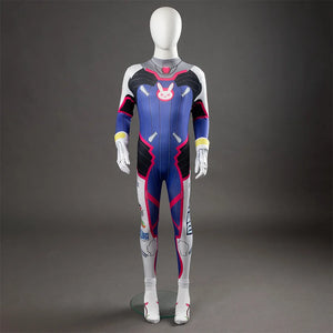 COSFUN D.Va Hana Song cosplay bodysuit sets blue graphic print against a pink bunny symbol with white gloves.