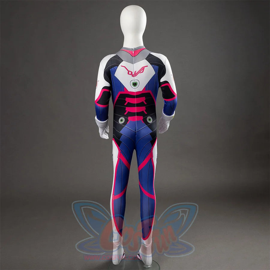 D.Va Hana Song cosplay bodysuit traces a stylized back logo across blue and pink patterned fabric from a rear view.