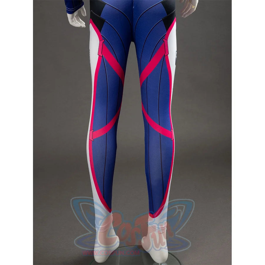 D.Va Hana Song cosplay bodysuit leg panels trace pink harness-style printed straps.