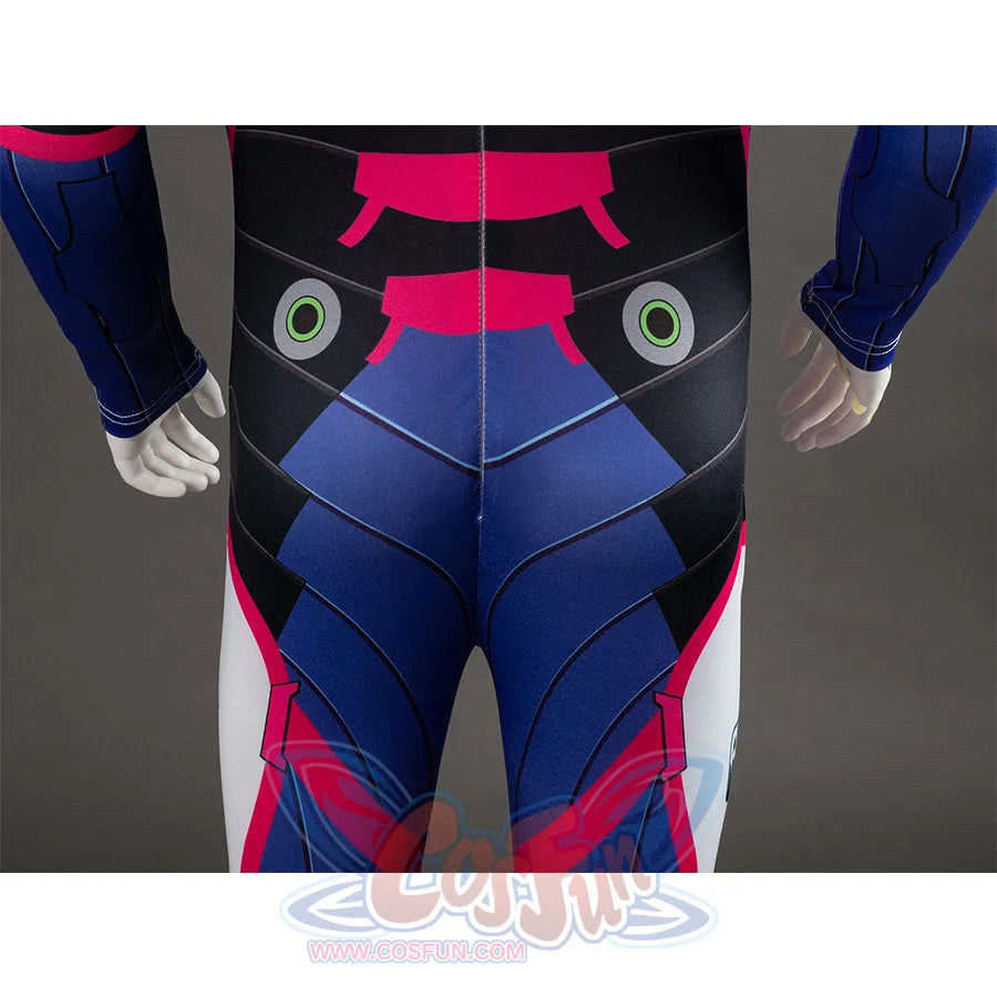D.Va Hana Song cosplay bodysuit balances black, blue, pink, and white panels around circular back details in rear view.
