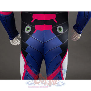 D.Va Hana Song cosplay bodysuit balances black, blue, pink, and white panels around circular back details in rear view.