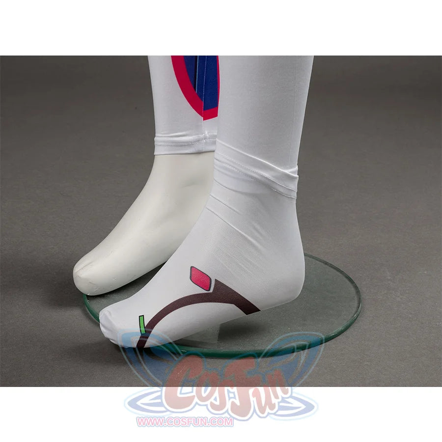 D.Va Hana Song cosplay foot covers layer pink, green, and brown printed designs across white socks and lower legging cuffs.