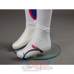 D.Va Hana Song cosplay foot covers layer pink, green, and brown printed designs across white socks and lower legging cuffs.