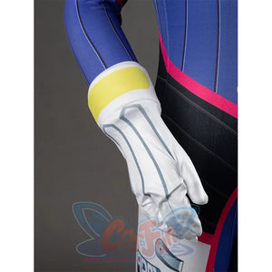 D.Va Hana Song cosplay gloves anchor a wide yellow wrist band against a printed white and grey stretch fabric cuff.
