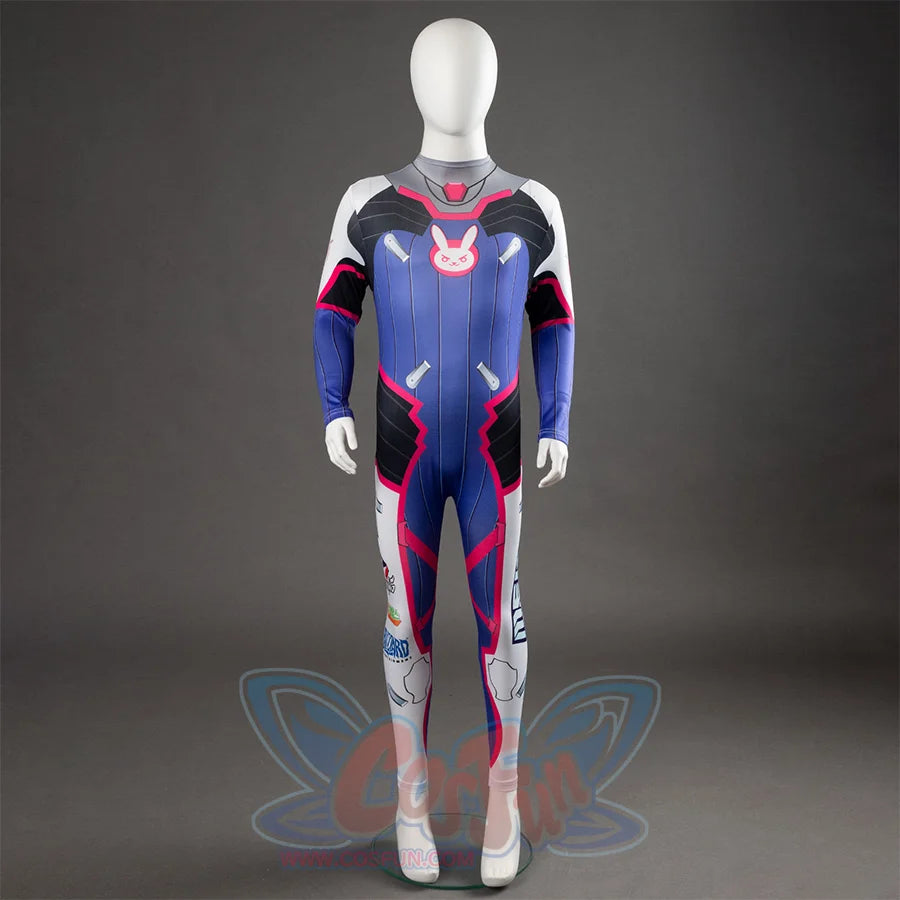 D.Va Hana Song cosplay bodysuit anchors a pink rabbit chest logo above white legs layered with sponsor prints.