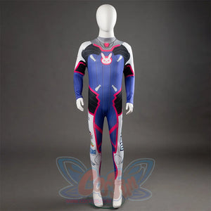 D.Va Hana Song cosplay bodysuit anchors a pink rabbit chest logo above white legs layered with sponsor prints.