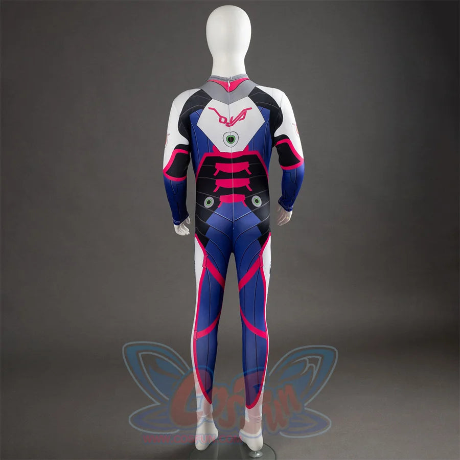 D.Va Hana Song cosplay bodysuit frames a central back symbol across blue, pink, and white paneling in rear view.