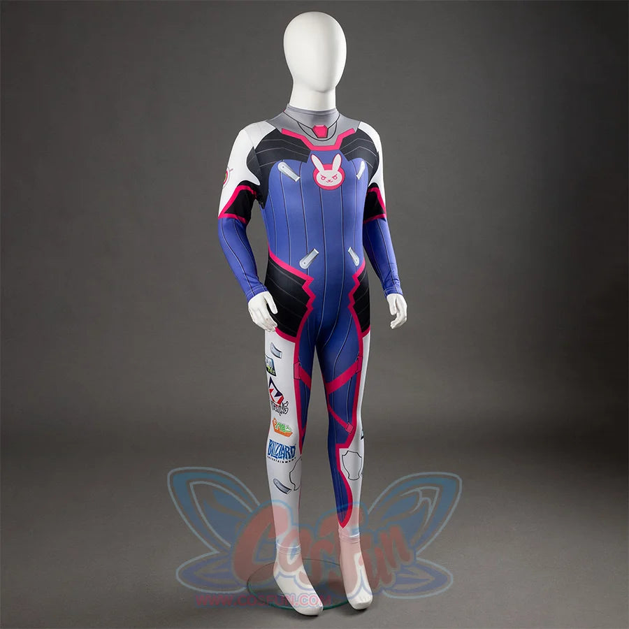 D.Va Hana Song cosplay bodysuit centers a cartoon chest emblem across pink, white, and blue sublimated sponsor graphics.