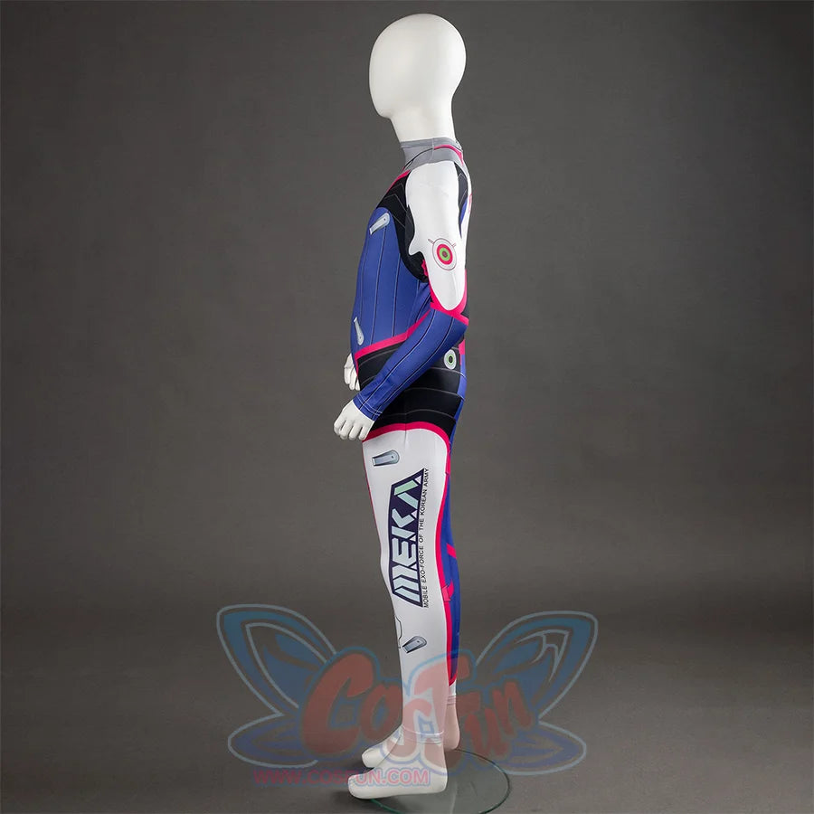 D.Va Hana Song cosplay bodysuit balances blue and black printed graphics against leg text detail in a left profile view.