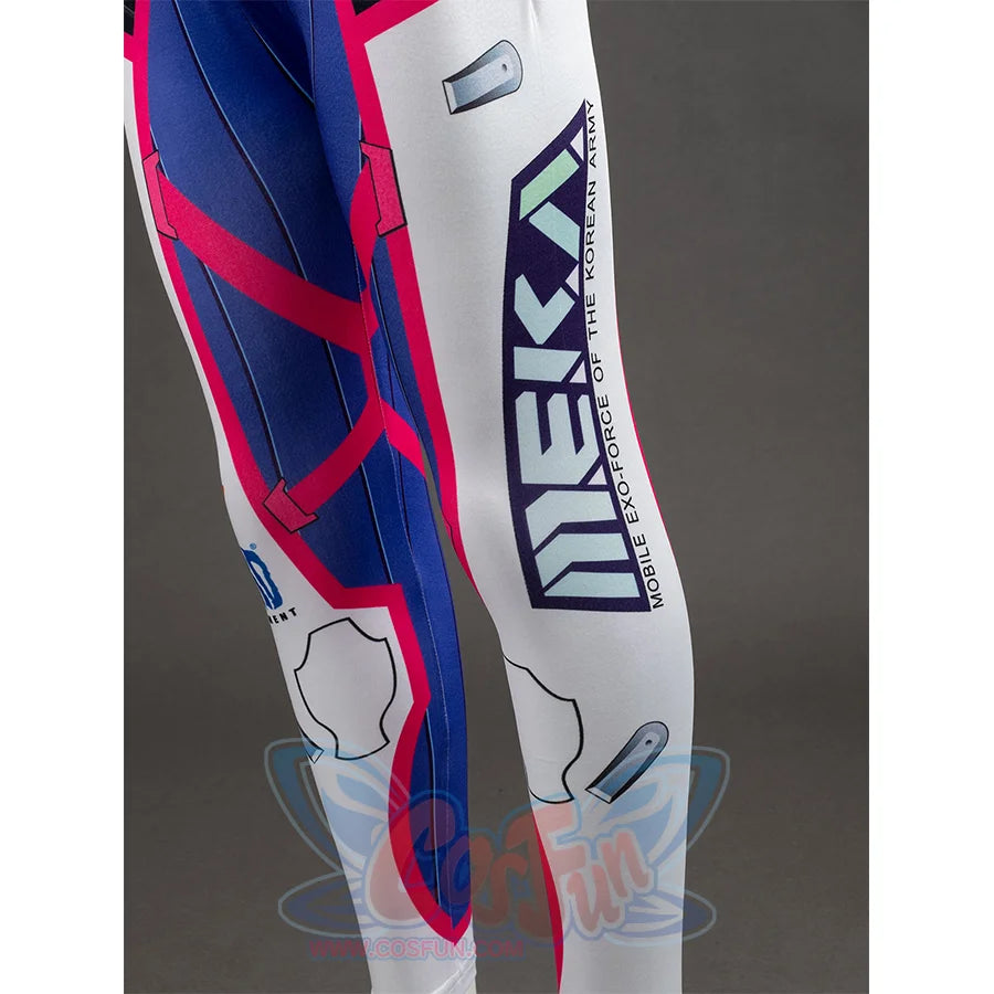 D.Va Hana Song cosplay bodysuit right leg section frames distinct blue and pink printed designs.