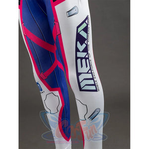D.Va Hana Song cosplay bodysuit right leg section frames distinct blue and pink printed designs.