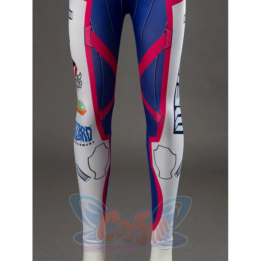 D.Va Hana Song cosplay bodysuit leg section layers colorful sponsor logos and text detail.