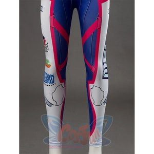 D.Va Hana Song cosplay bodysuit leg section layers colorful sponsor logos and text detail.