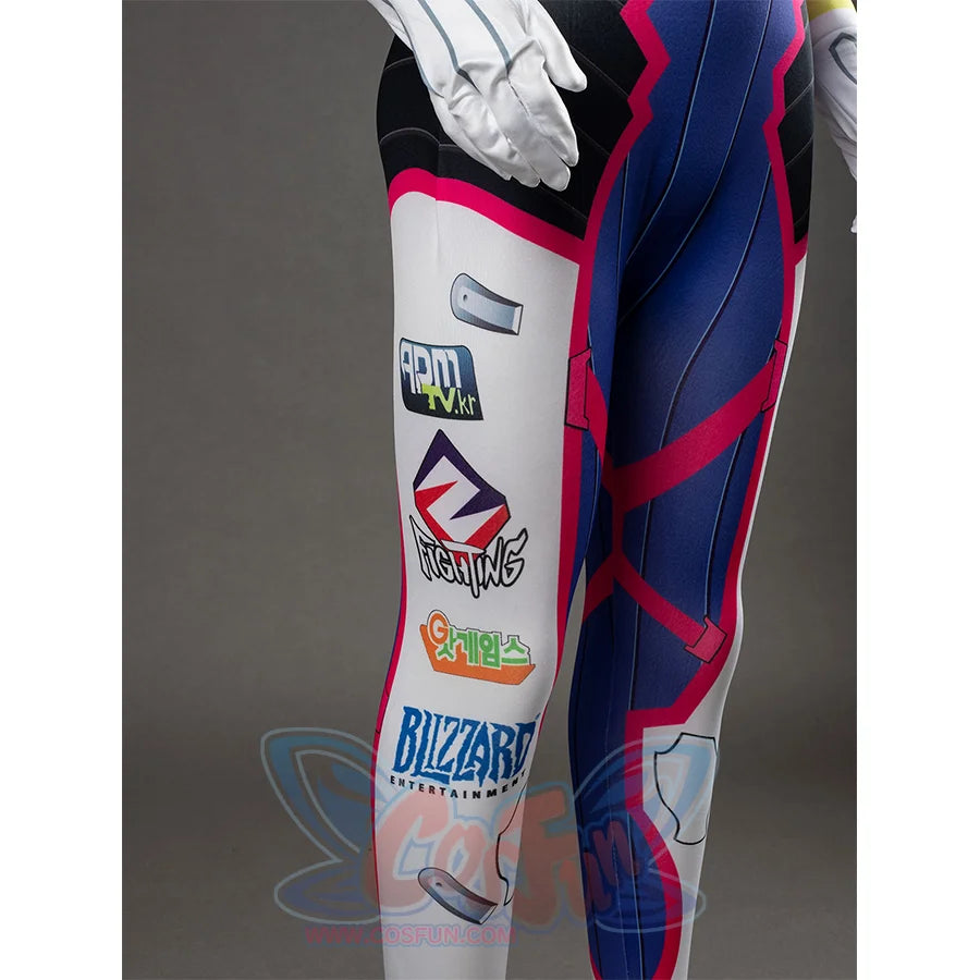 D.Va Hana Song cosplay bodysuit pairs blue and pink patterned leggings alongside white printed gloves as a set.
