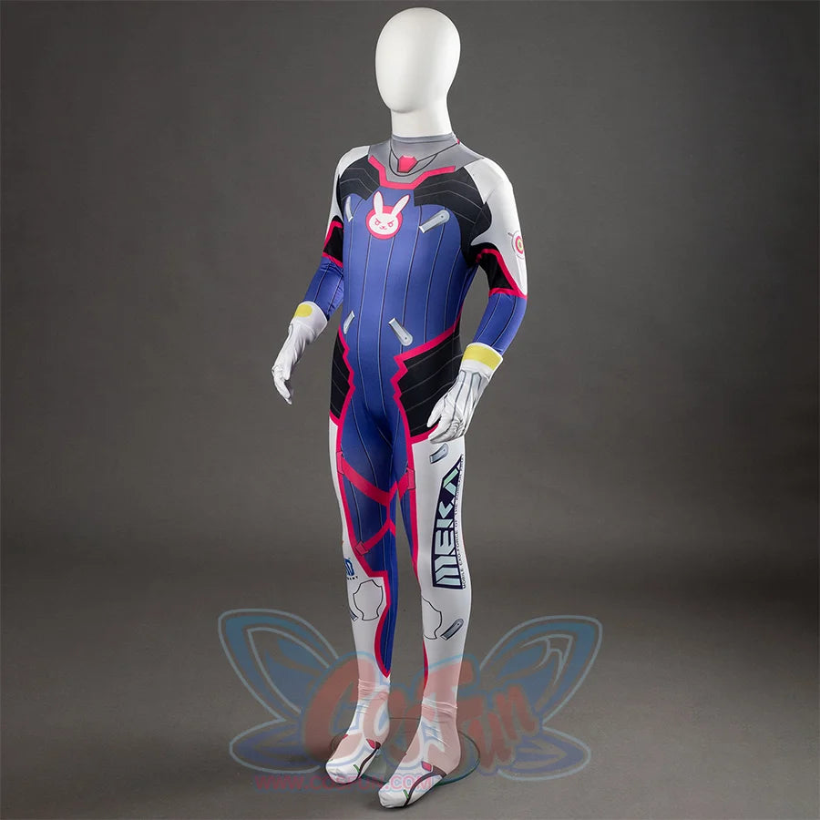 D.Va Hana Song cosplay bodysuit pairs blue athletic graphics with thumb-hole arm covers and attached shoe covers.