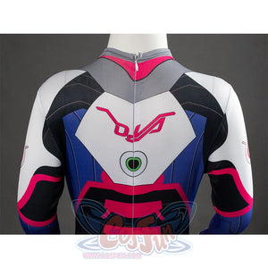 D.Va Hana Song cosplay bodysuit layers blue and pink panels around a circular back design and rear zipper closure.
