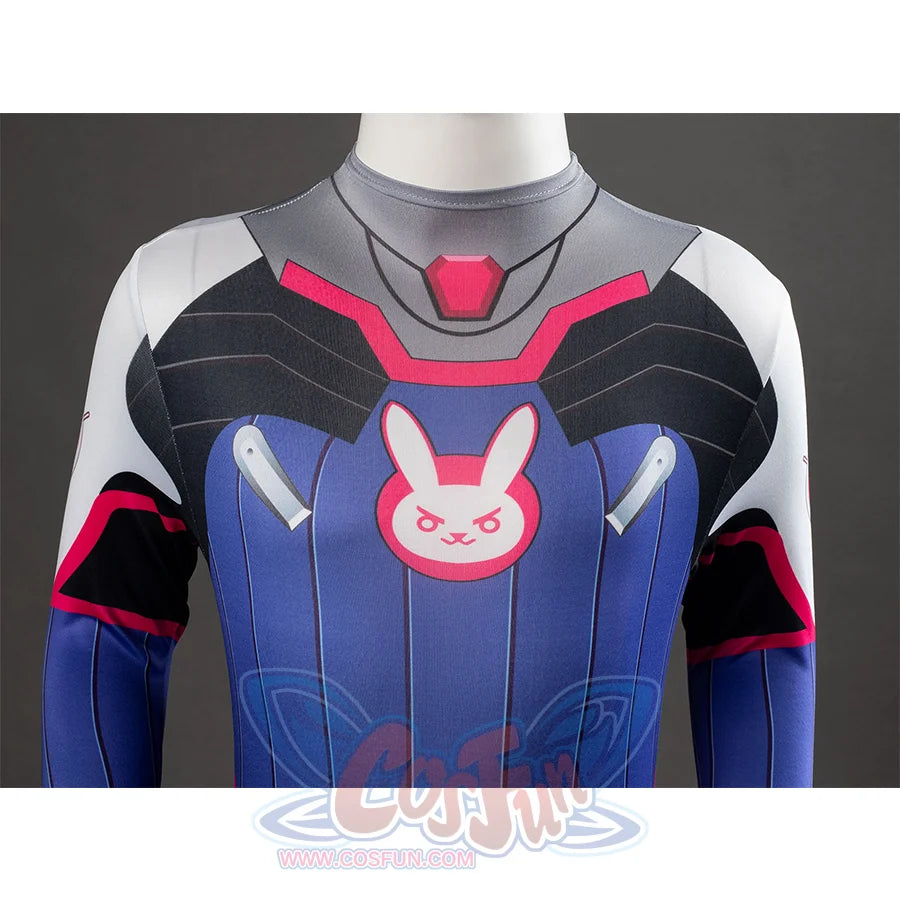 D.Va Hana Song cosplay bodysuit torso pairs a red neck accent with a pink and white rabbit face logo on the chest.
