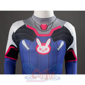 D.Va Hana Song cosplay bodysuit torso pairs a red neck accent with a pink and white rabbit face logo on the chest.