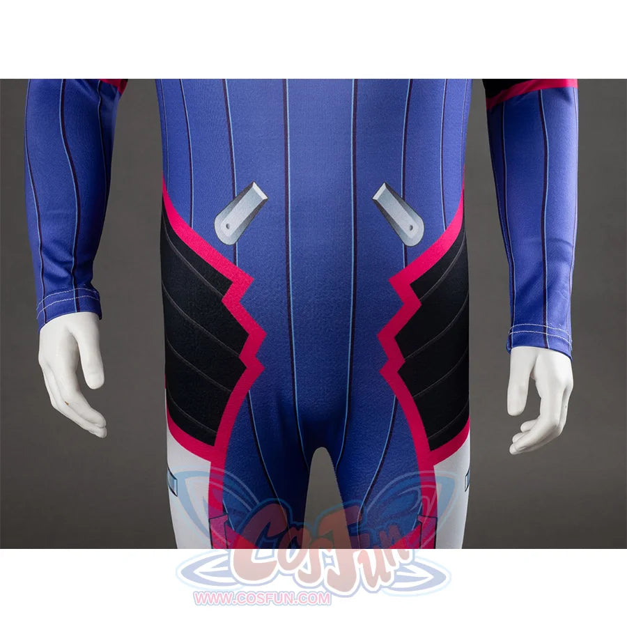 D.Va Hana Song cosplay bodysuit pairs blue vertical pinstripes and grey mechanical details with white gloves at the cuffs.