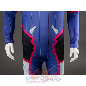 D.Va Hana Song cosplay bodysuit pairs blue vertical pinstripes and grey mechanical details with white gloves at the cuffs.