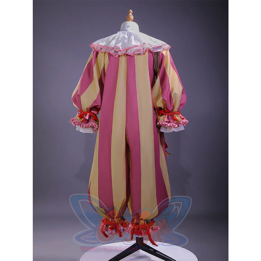 Back view of kid Pennywise costume displaying striped pattern with balloon sleeves and ruffle trim