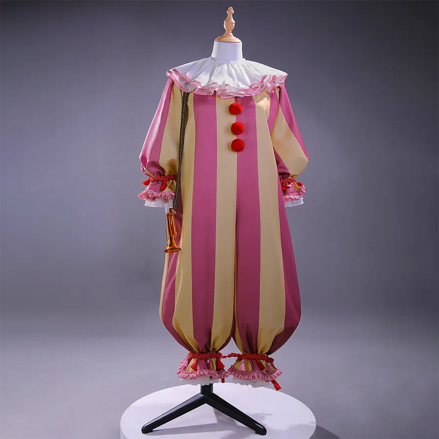Full front view of kid Pennywise costume with pink striped jumpsuit, ruffled collar, and red pom-pom buttons