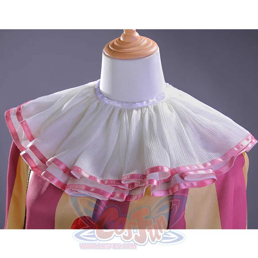 Detail view of kid Pennywise costume white ruffled collar with pink striped ribbon trim accents