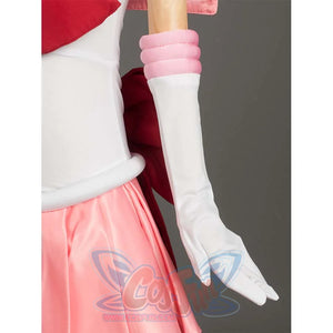 Close - up of the pink arm cuffs and white long gloves on the costume, showcasing the arm accessory details.
