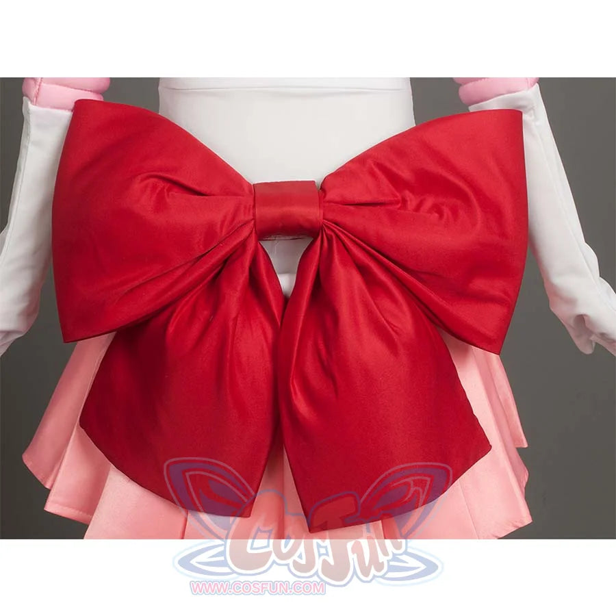 Close - up of the large red bow at the back of the costume, showing the fabric and structure of the bow.