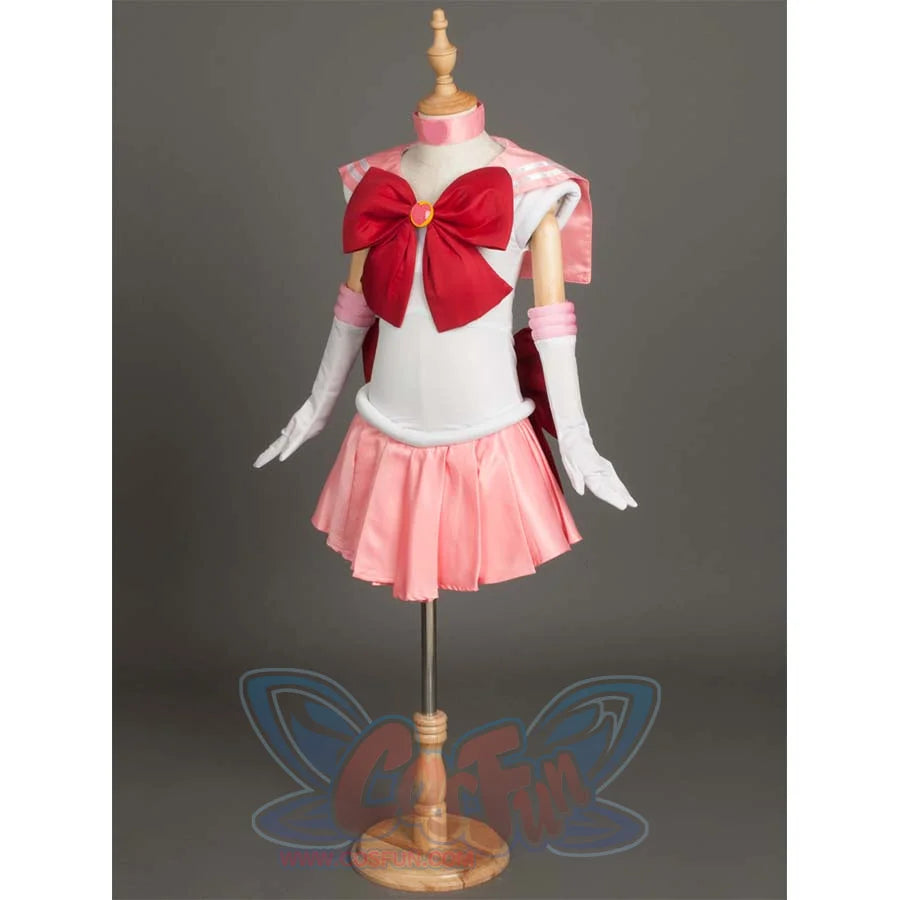 An angled front view of the costume on a mannequin, highlighting details like the bow, arm cuffs, and choker.