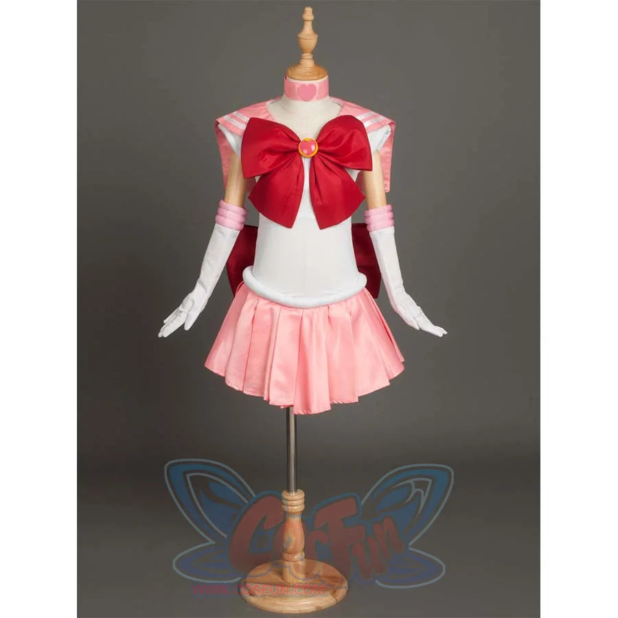 The costume is shown on a mannequin from the front, presenting the overall design with its pink, white, and red color scheme.