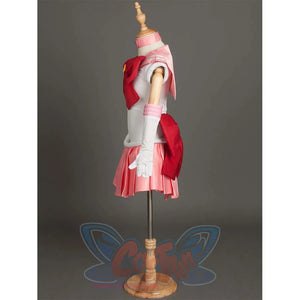 Side view of the costume on a mannequin, showcasing the structure of the sleeves, arm cuffs, and the back bow.