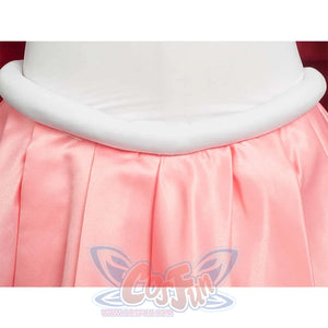 Close - up of the white waist trim and pink pleated skirt, highlighting the waist and skirt design.