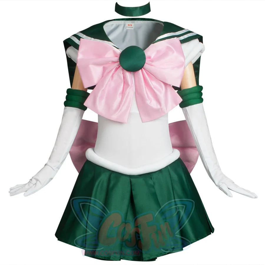 Displays the complete Kid Cosplay Sailor Jupiter costume, including a white bodice, green sailor collar, large pink bow, arm cuffs, gloves, and a green pleated skirt, along with a green choker.