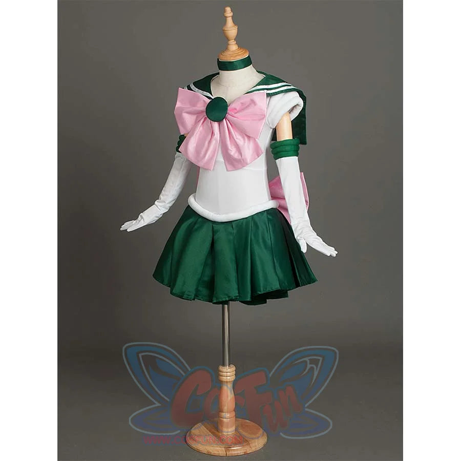 An angled front view of the costume on a mannequin, highlighting details like the bow, arm cuffs, and choker.