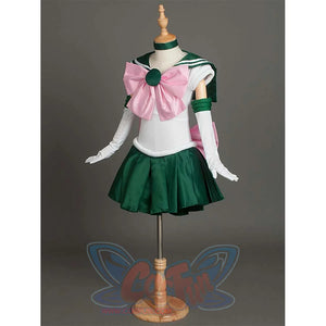 An angled front view of the costume on a mannequin, highlighting details like the bow, arm cuffs, and choker.