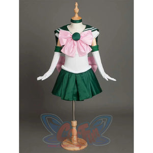 The costume is shown on a mannequin from the front, presenting the overall design with its green, white, and pink color scheme.