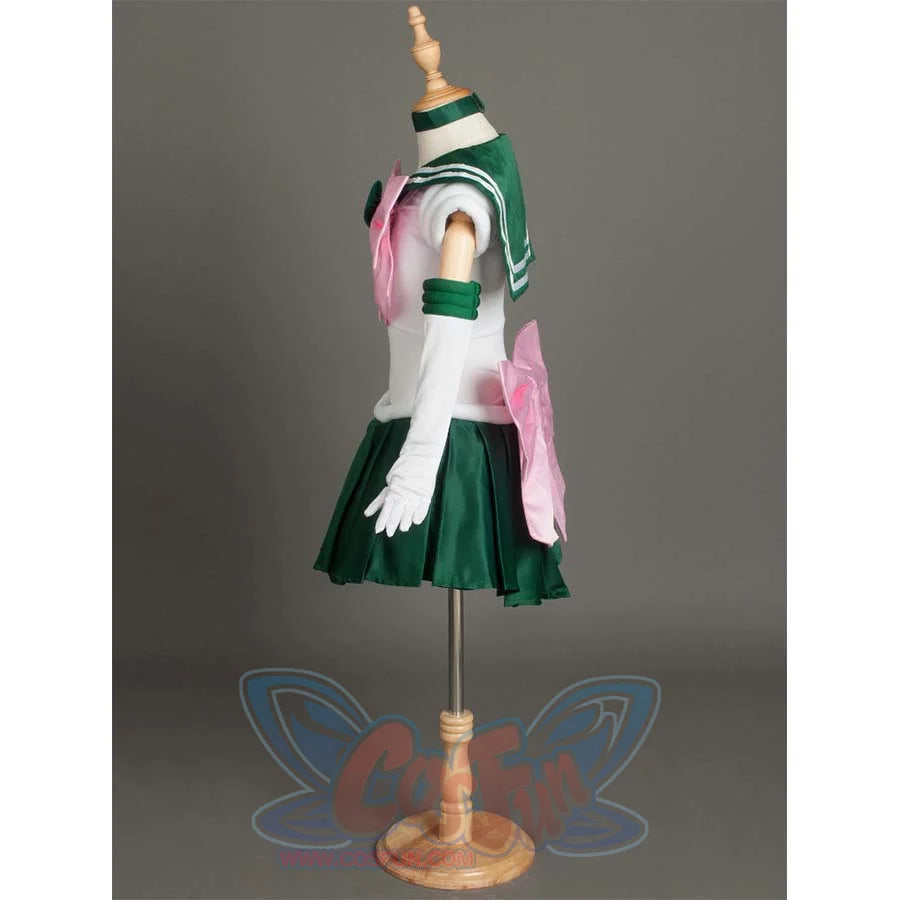 Side view of the costume on a mannequin, showcasing the structure of the sleeves, arm cuffs, and the back bow.