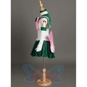 Side view of the costume on a mannequin, showcasing the structure of the sleeves, arm cuffs, and the back bow.