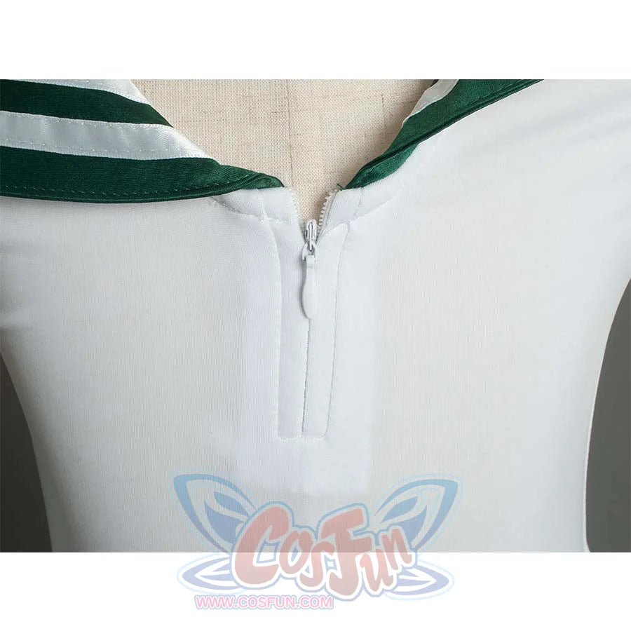 Close - up of the zipper detail on the white bodice of the costume.