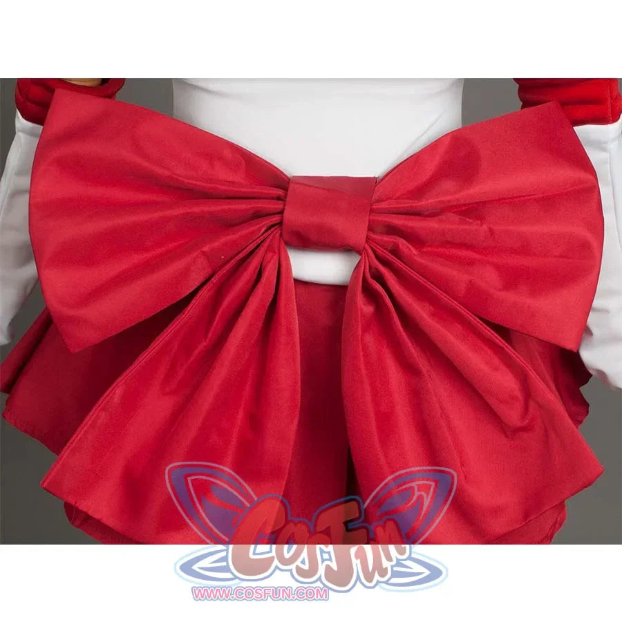 Close - up of the large red bow at the back of the costume, showcasing the fabric and structure.