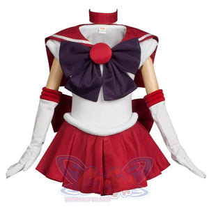 Displays the complete Kid Cosplay Sailor Mars costume, featuring a white bodice, red sailor collar, large purple bow, arm cuffs, gloves, and a red pleated skirt.