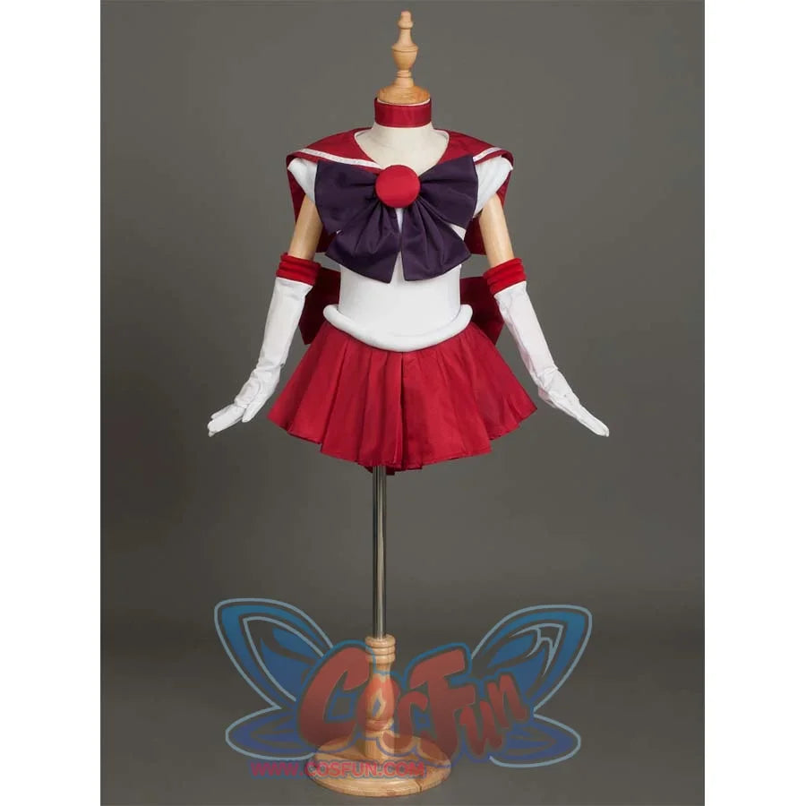 The costume is shown on a mannequin from the front, presenting the overall design with its red, white, and purple color scheme.